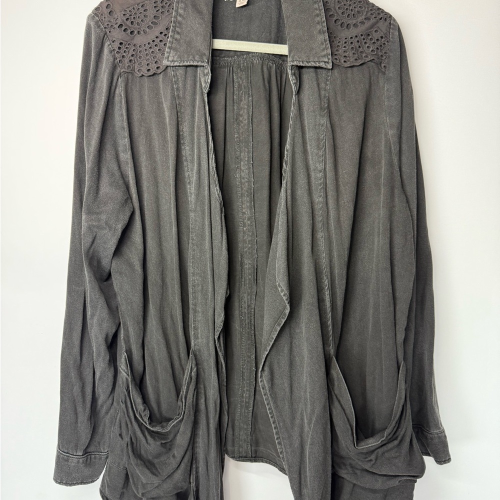 Knox Rose Lagenlook Open Front Lightweight Eyelet Jacket Charcoal Gray XXL